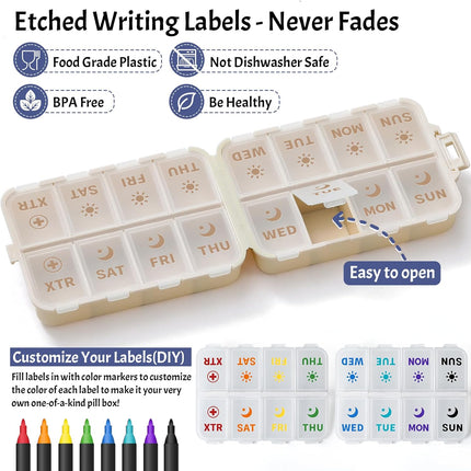 Foldable & Portable Pill Organizer 2 Times A Day with Extra Compartments + 3 Pack 14 GRIDS Travel Box Bulk Meds Labels -