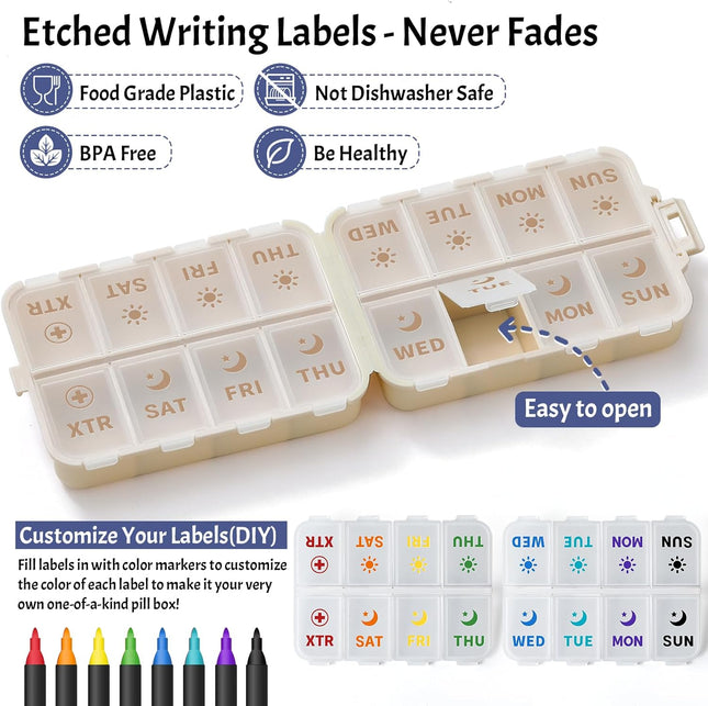 Foldable & Portable Pill Organizer 2 Times A Day with Extra Compartments Plus 3 Pack 14 GRIDS Travel Box – product detail