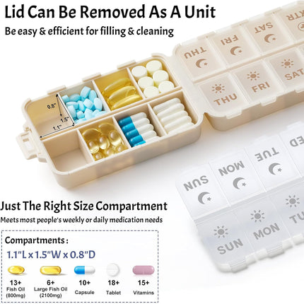 Foldable & Portable Pill Organizer 2 Times A Day with Extra Compartments + 3 Pack 14 GRIDS Travel Box Bulk Meds Labels -