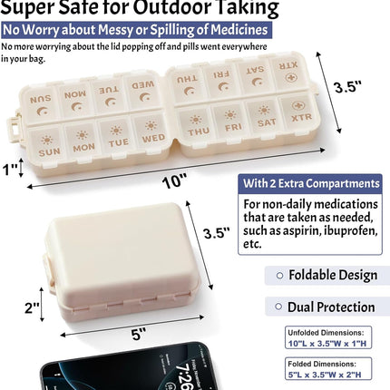 Foldable & Portable Pill Organizer 2 Times A Day with Extra Compartments + 3 Pack 14 GRIDS Travel Box Bulk Meds Labels -