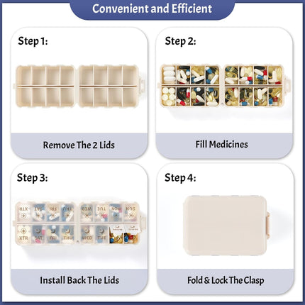 Foldable & Portable Pill Organizer 2 Times A Day with Extra Compartments + 3 Pack 14 GRIDS Travel Box Bulk Meds Labels -
