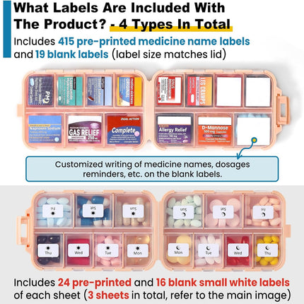Foldable & Portable Pill Organizer 2 Times A Day with Extra Compartments + 3 Pack 14 GRIDS Travel Box Bulk Meds Labels -