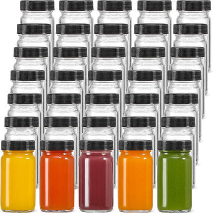 35 Pack 2 oz Glass Shot Bottles w/ Black Lids & Labels - Small Clear Jar for Ginger, Wellness Shot, Juice, Sample, Whiskey Travel Essentials Mini Wide Mouth, Leakproof, Dishwasher Safe