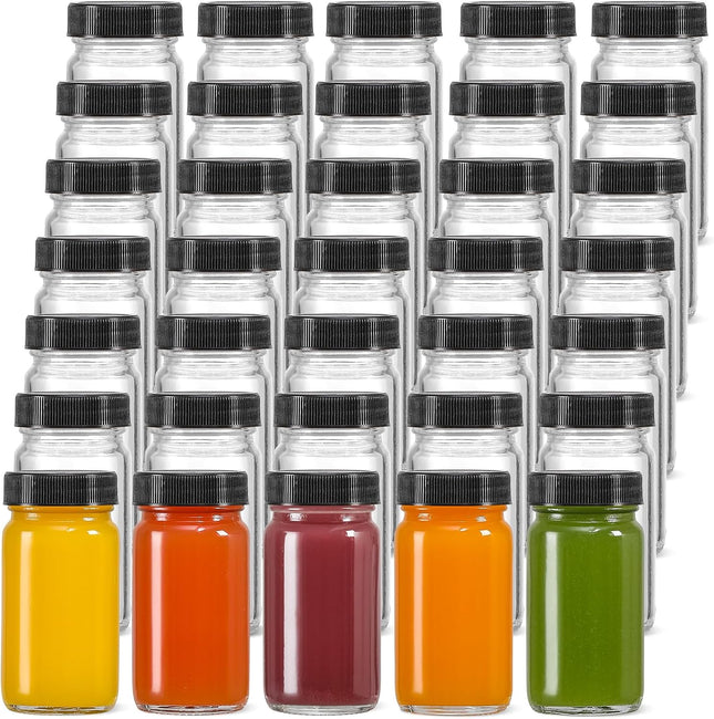 35 Pack 2 oz Glass Shot Bottles w/Black Lids & V1259-DP01-A-4603 in Black / Clear