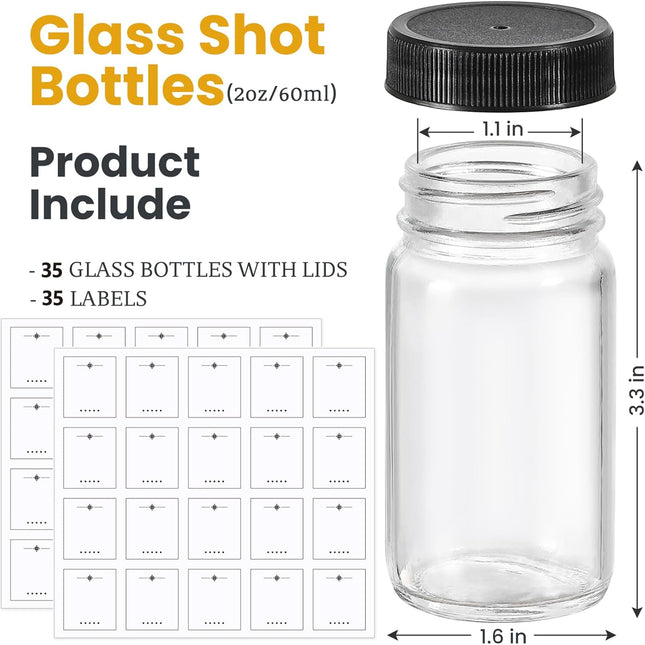 35 Pack 2 oz Glass Shot Bottles w/Black Lids & – product detail