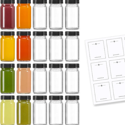 35 Pack 2 oz Glass Shot Bottles w/ Black Lids & Labels - Small Clear Jar for Ginger, Wellness Shot, Juice, Sample, Whiskey Travel Essentials Mini Wide Mouth, Leakproof, Dishwasher Safe
