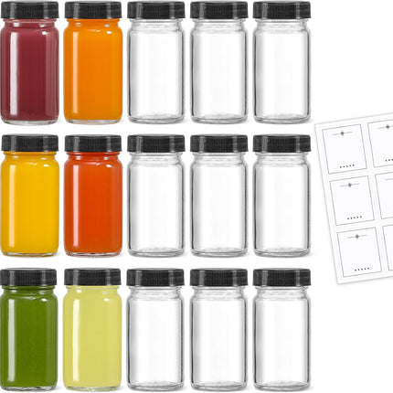 35 Pack 2 oz Glass Shot Bottles w/ Black Lids & Labels - Small Clear Jar for Ginger, Wellness Shot, Juice, Sample, Whiskey Travel Essentials Mini Wide Mouth, Leakproof, Dishwasher Safe