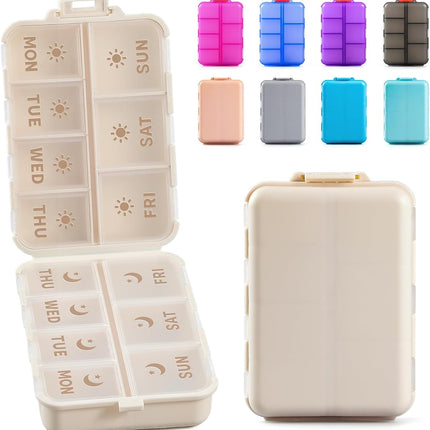 Foldable & Portable Weekly Pill Organizer 2 Times A Day with Etched Labels, Khaki + 14 Grids Travel Box 415-Pcs Medicine Name Labels -