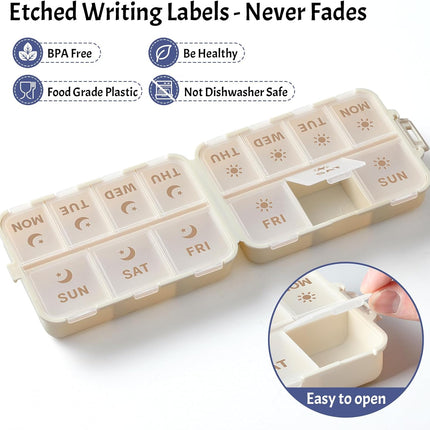 Foldable & Portable Weekly Pill Organizer 2 Times A Day with Etched Labels, Khaki + 14 Grids Travel Box 415-Pcs Medicine Name Labels -
