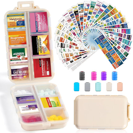 Foldable & Portable Weekly Pill Organizer 2 Times A Day with Etched Labels, Khaki + 14 Grids Travel Box 415-Pcs Medicine Name Labels -