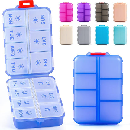 Foldable & Portable Weekly Pill Organizer 2 Times A Day with Etched Labels, Clear Blue + 3 Pack 14 Grids Travel Box 415-Pcs Medicine Name Labels -
