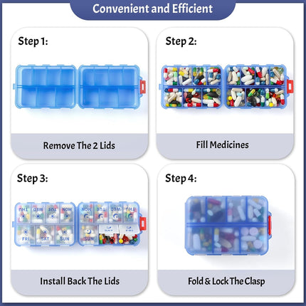 Foldable & Portable Weekly Pill Organizer 2 Times A Day with Etched Labels, Clear Blue + 3 Pack 14 Grids Travel Box 415-Pcs Medicine Name Labels -