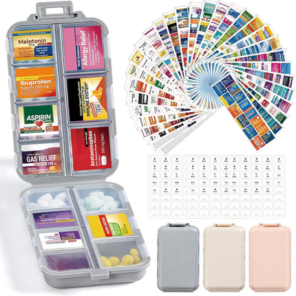 Foldable & Portable Weekly Pill Organizer 2 Times A Day with Etched Labels, Clear Blue + 3 Pack 14 Grids Travel Box 415-Pcs Medicine Name Labels -