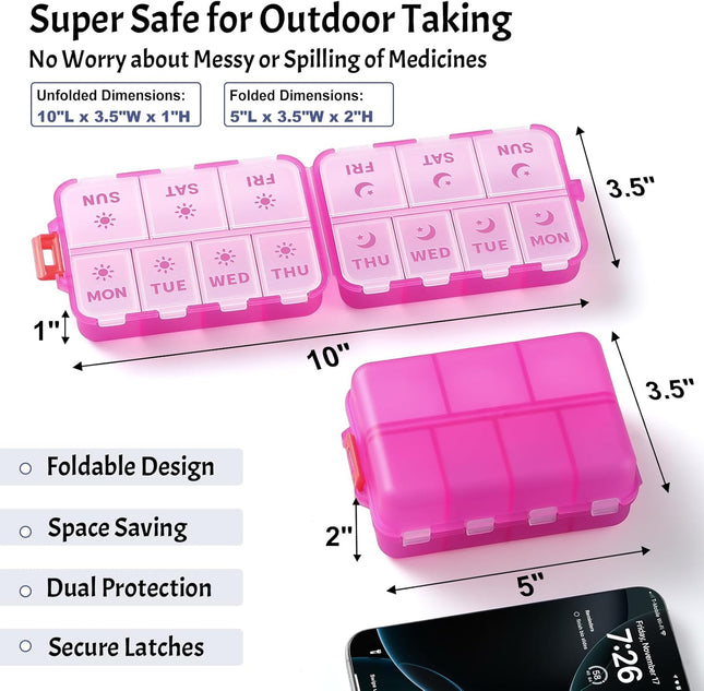 Foldable & Portable Weekly Pill Organizer 2 Times A Day with Etched Labels Clear Pink Plus 3 Pack 14 Grids – product detail