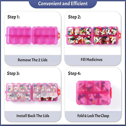 Foldable & Portable Weekly Pill Organizer 2 Times A Day with Etched Labels, Clear Pink + 3 Pack 14 Grids Travel Box 415-Pcs Medicine Name Labels -