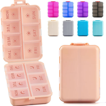 Foldable & Portable Weekly Pill Organizer 2 Times A Day with Etched Labels, PInk + 3 Pack 14 Grids Travel Box 415-Pcs Medicine Name Labels -