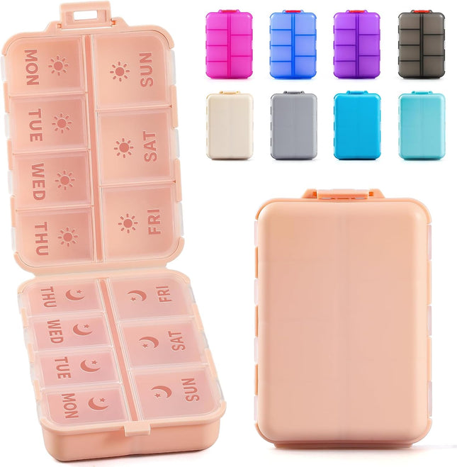 Foldable & Portable Weekly Pill Organizer 2 Times A Day with Etched Labels PInk Plus 3 Pack 14 Grids Travel