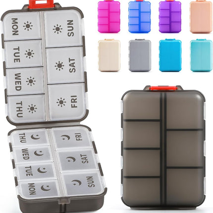 Foldable & Portable Weekly Pill Organizer 2 Times A Day with Etched Labels, Clear Black + 3 Pack 14 Grids Travel Box 415-Pcs Medicine Name Labels -