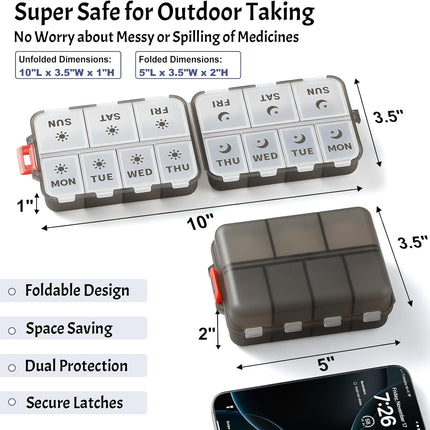 Foldable & Portable Weekly Pill Organizer 2 Times A Day with Etched Labels, Clear Black + 3 Pack 14 Grids Travel Box 415-Pcs Medicine Name Labels -