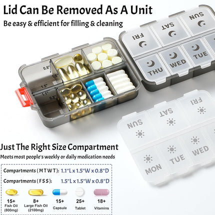 Foldable & Portable Weekly Pill Organizer 2 Times A Day with Etched Labels, Clear Black + 3 Pack 14 Grids Travel Box 415-Pcs Medicine Name Labels -