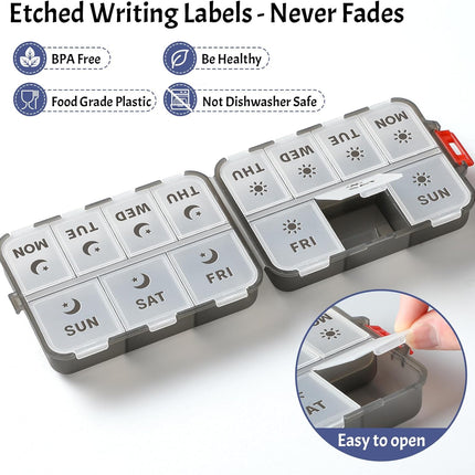 Foldable & Portable Weekly Pill Organizer 2 Times A Day with Etched Labels, Clear Black + 3 Pack 14 Grids Travel Box 415-Pcs Medicine Name Labels -