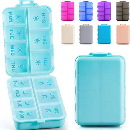 Foldable & Portable Weekly Pill Organizer 2 Times A Day with Etched Labels, Sky Blue + 3 Pack, 14 GRIDS Travel Box -