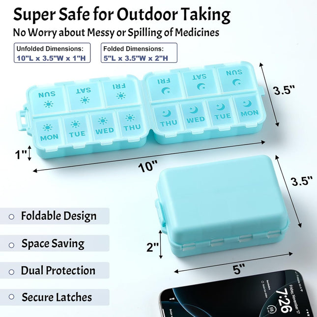 Foldable & Portable Weekly Pill Organizer 2 Times A Day with Etched Labels Sky Blue Plus 3 Pack 14 GRIDS – product detail
