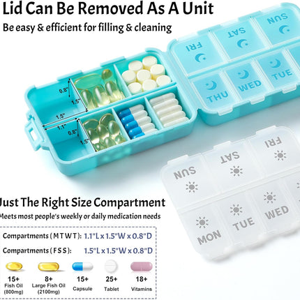 Foldable & Portable Weekly Pill Organizer 2 Times A Day with Etched Labels, Sky Blue + 3 Pack, 14 GRIDS Travel Box -