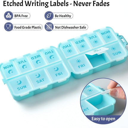 Foldable & Portable Weekly Pill Organizer 2 Times A Day with Etched Labels, Sky Blue + 3 Pack, 14 GRIDS Travel Box -