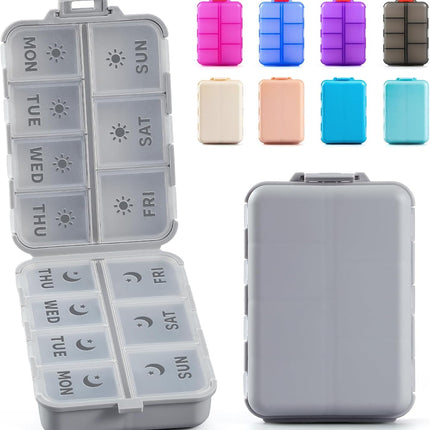 Foldable & Portable Weekly Pill Organizer 2 Times A Day with Etched Labels, Grey + 3 Pack 14 Grids Travel Box 415-Pcs Medicine Name Labels -