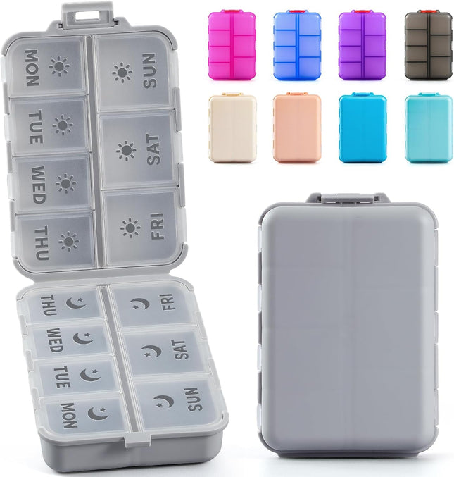Foldable & Portable Weekly Pill Organizer 2 Times A Day with Etched Labels Grey Plus 3 Pack 14 Grids Travel