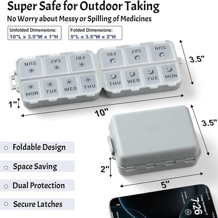 Foldable & Portable Weekly Pill Organizer 2 Times A Day with Etched Labels, Grey + 3 Pack 14 Grids Travel Box 415-Pcs Medicine Name Labels -