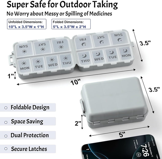 Foldable & Portable Weekly Pill Organizer 2 Times A Day with Etched Labels Grey Plus 3 Pack 14 Grids – product detail