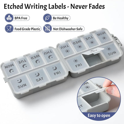 Foldable & Portable Weekly Pill Organizer 2 Times A Day with Etched Labels, Grey + 3 Pack 14 Grids Travel Box 415-Pcs Medicine Name Labels -