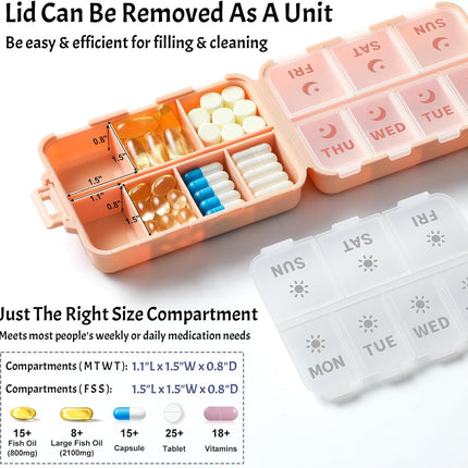 Foldable & Portable Weekly Pill Organizer 2 Times A Day with Etched Labels, Pink + 3 Pack, 14 GRIDS Travel Box -