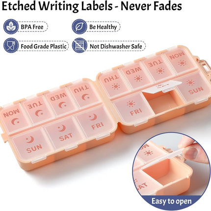 Foldable & Portable Weekly Pill Organizer 2 Times A Day with Etched Labels, Pink + 3 Pack, 14 GRIDS Travel Box -