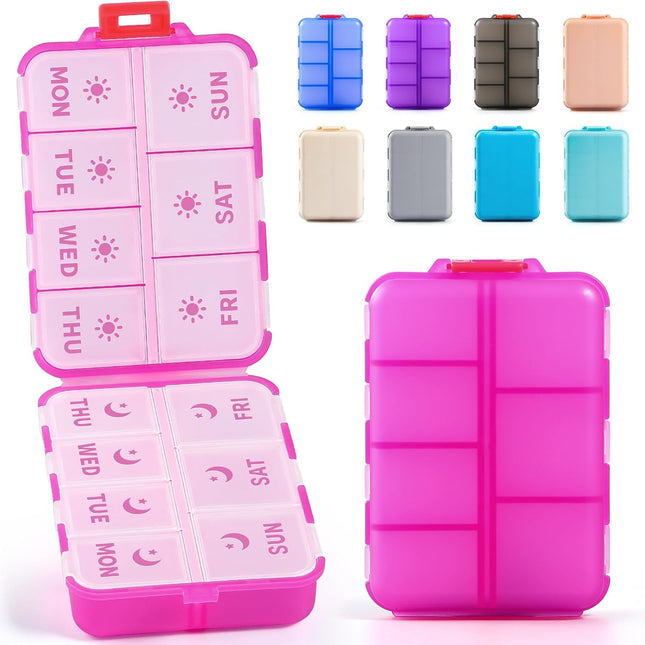 Foldable & Portable Weekly Pill Organizer 2 Times A Day with Etched Labels Clear Pink Plus 3 Pack 14 GRIDS