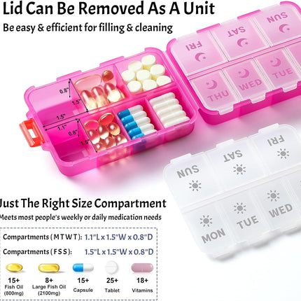 Foldable & Portable Weekly Pill Organizer 2 Times A Day with Etched Labels, Clear Pink + 3 Pack, 14 GRIDS Travel Box -