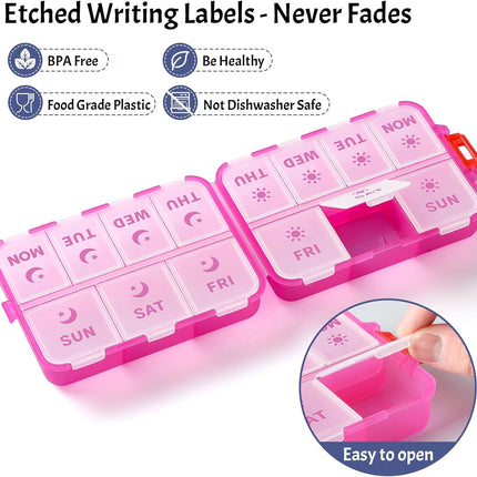 Foldable & Portable Weekly Pill Organizer 2 Times A Day with Etched Labels, Clear Pink + 3 Pack, 14 GRIDS Travel Box -