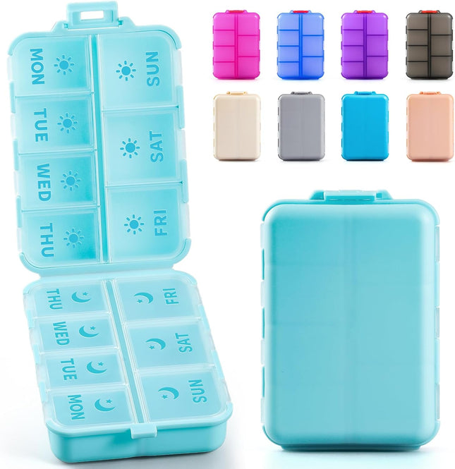 Foldable & Portable Weekly Pill Organizer 2 Times A Day with Etched Labels Sky Blue Plus 3 Pack 14 Grids