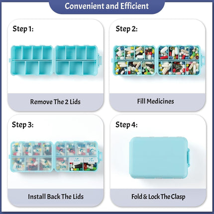 Foldable & Portable Weekly Pill Organizer 2 Times A Day with Etched Labels, Sky Blue + 3 Pack 14 Grids Travel Box 415-Pcs Medicine Name Labels -