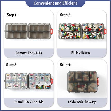 Foldable & Portable Weekly Pill Organizer 2 Times A Day with Etched Labels, Clear Black + 3 Pack, 14 GRIDS Travel Box -