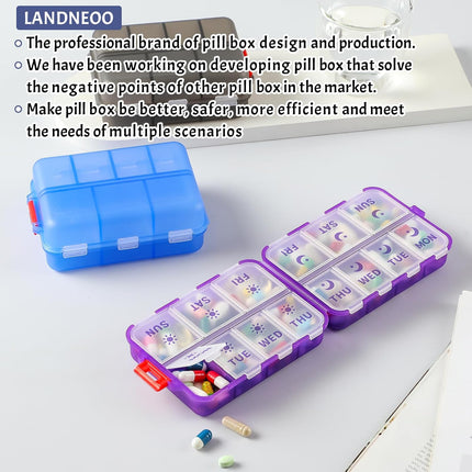 Foldable & Portable Weekly Pill Organizer 2 Times A Day with Etched Labels, Clear Black + 3 Pack, 14 GRIDS Travel Box -