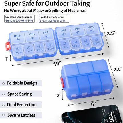 Foldable & Portable Weekly Pill Organizer 2 Times A Day with Etched Labels, Clear Blue + 3 Pack, 14 GRIDS Travel Box -