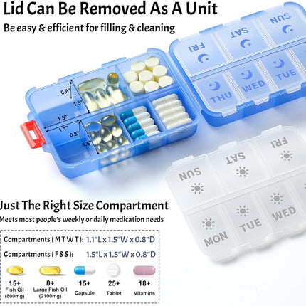 Foldable & Portable Weekly Pill Organizer 2 Times A Day with Etched Labels, Clear Blue + 3 Pack, 14 GRIDS Travel Box -