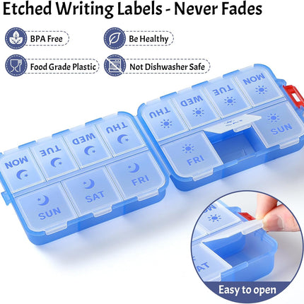 Foldable & Portable Weekly Pill Organizer 2 Times A Day with Etched Labels, Clear Blue + 3 Pack, 14 GRIDS Travel Box -