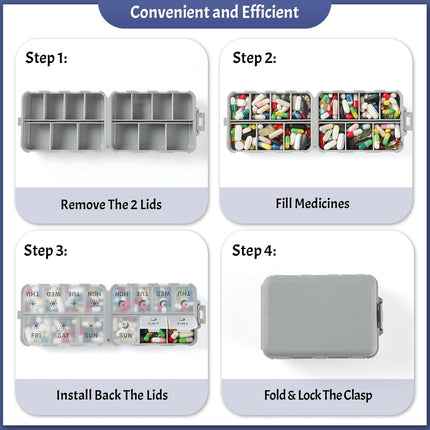 Foldable & Portable Weekly Pill Organizer 2 Times A Day with Etched Labels, Grey + 3 Pack, 14 GRIDS Travel Box -