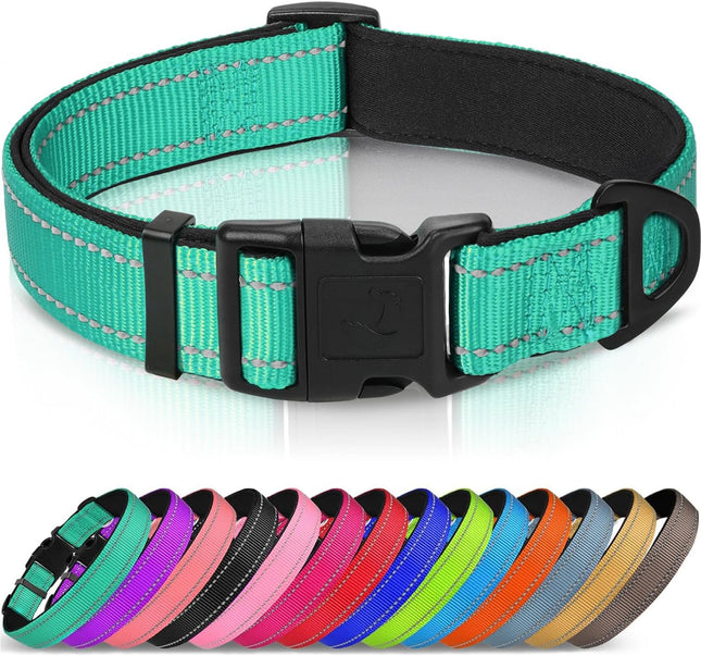 Reflective Dog Collar Soft Neoprene Padded Metal D-Ring Nylon Pet Collar Adjustable for Large Dogs Teal L