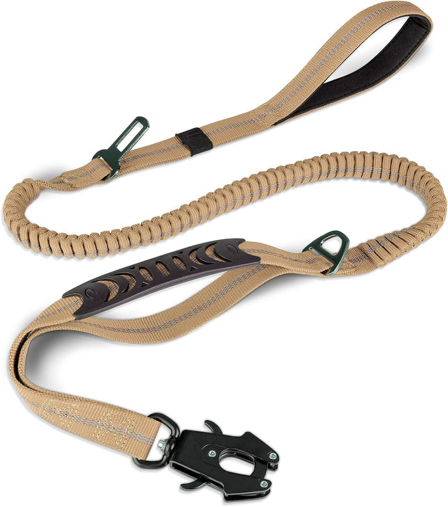 Tactical Dog Leash Heavy Duty 4-6FT Shock Absorbing Bungee Lead with 2 Padded Handle Metal in Beige