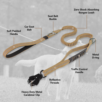 Tactical Dog Leash Heavy Duty, 4-6FT Shock Absorbing Bungee Lead with 2 Padded Handle, Metal Carabiner Clip, Car Seatbelt, Strong No Pull for Medium Large X-Large Dogs, Coyote Brown -
